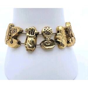 Vtg Goldette Golf Slide Charm Bracelet Gold Tone Golfer Ball Shoe Flag Women 7"